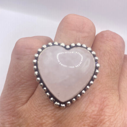 Vintage Pink Rose Quartz Heart Ring Silver Band