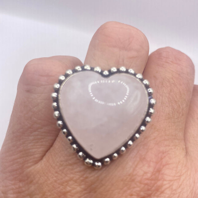 Vintage Pink Rose Quartz Heart Ring Silver Band