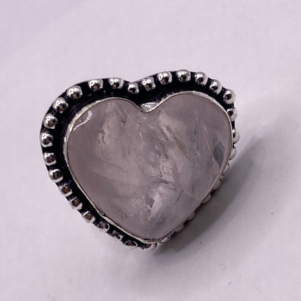 Vintage Pink Rose Quartz Heart Ring Silver Band