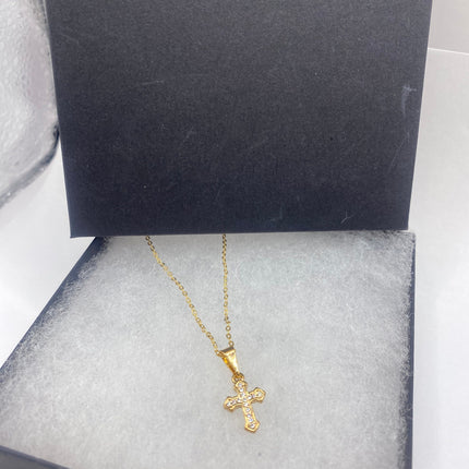 Vintage 9k Gold Filled Tiny Cross on a Gold Filled Chain Necklace - Diamond look, sparkle, minimalist, antique design