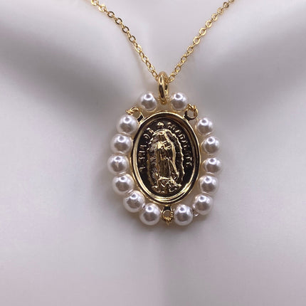 Vintage Tiny Gold Pendant Necklace | Pearl Gemstone 9k Gold Filled Dainty Lady of Guadelupe Saint Amulet Charm Delicate Chain Necklace