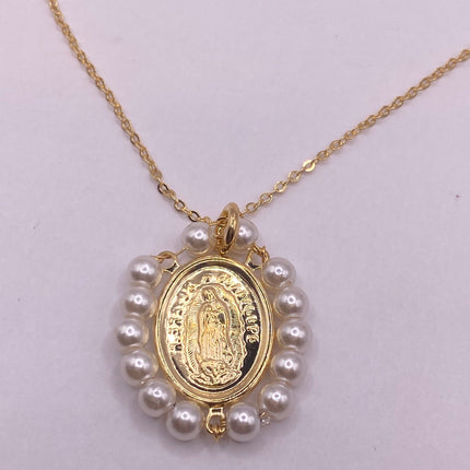 Vintage Tiny Gold Pendant Necklace | Pearl Gemstone 9k Gold Filled Dainty Lady of Guadelupe Saint Amulet Charm Delicate Chain Necklace