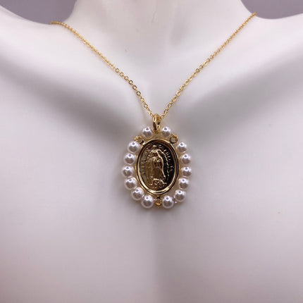 Vintage Tiny Gold Pendant Necklace | Pearl Gemstone 9k Gold Filled Dainty Lady of Guadelupe Saint Amulet Charm Delicate Chain Necklace