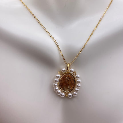 Vintage Tiny Gold Pendant Necklace | Pearl Gemstone 9k Gold Filled Dainty Lady of Guadelupe Saint Amulet Charm Delicate Chain Necklace