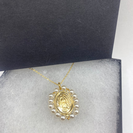 Vintage Tiny Gold Pendant Necklace | Pearl Gemstone 9k Gold Filled Dainty Lady of Guadelupe Saint Amulet Charm Delicate Chain Necklace