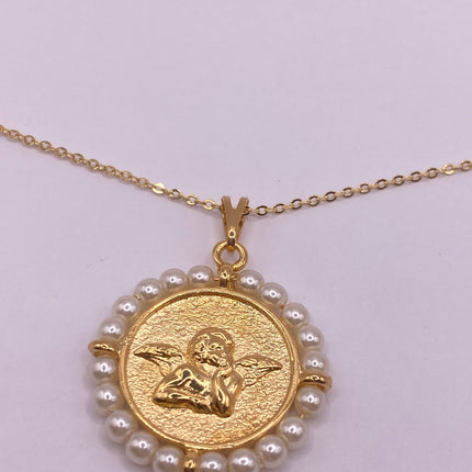 Vintage Gold Pendant Necklace | Tiny Pearl Gemstone 9k GF Cherub Angel Amulet on a Gold Filled Chain Necklace