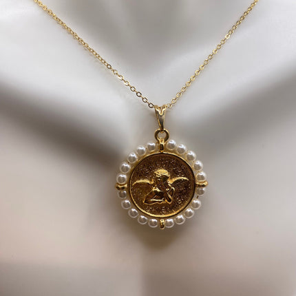 Vintage Gold Pendant Necklace | Tiny Pearl Gemstone 9k GF Cherub Angel Amulet on a Gold Filled Chain Necklace