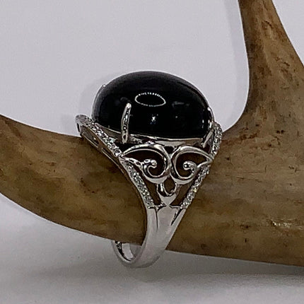 Vintage Black Onyx Cocktail Ring 925 Sterling Silver Band , Antique Style Design