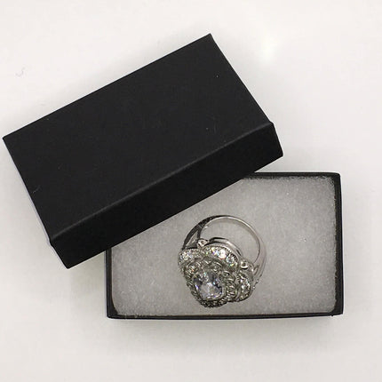 Vintage Silver Ring | Cubic Zirconia Clear Crystal Diamond Boho Cocktail | 925 Sterling Silver Antique Pave Set Wedding Band Statement Ring