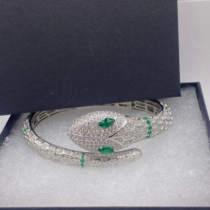 Vintage Silver Snake Bracelet | Emerald Green and Cubic Zirconia Crystal Diamond Serpent Bangle Cuff | 925 Sterling Silver Bracelet