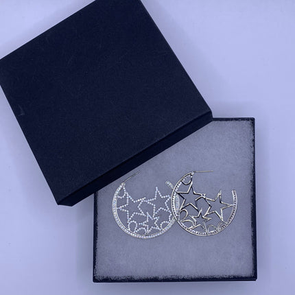 Vintage Silver Earrings | White Sapphire Gemstone Crystal Star Design | 925 Sterling Silver Pave Hoop Earrings | Celestial Look