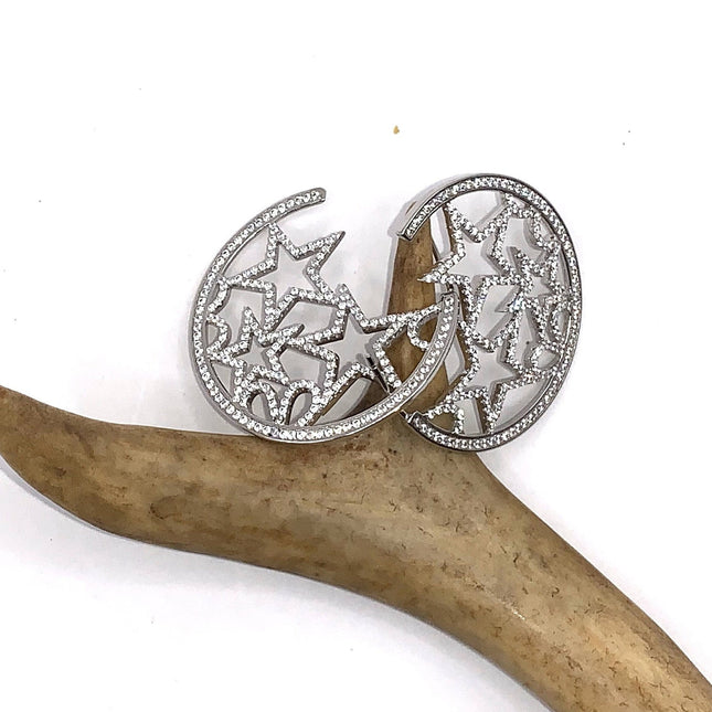 Vintage Silver Earrings | White Sapphire Gemstone Crystal Star Design | 925 Sterling Silver Pave Hoop Earrings | Celestial Look