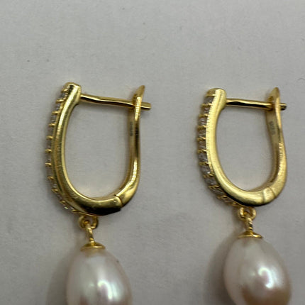 Vintage Gold Earrings | Tiny White Pearl Gemstone Deco Dangle Hoop Loop Earrings | Golden 925 Sterling Silver Elegant Everyday Jewelry