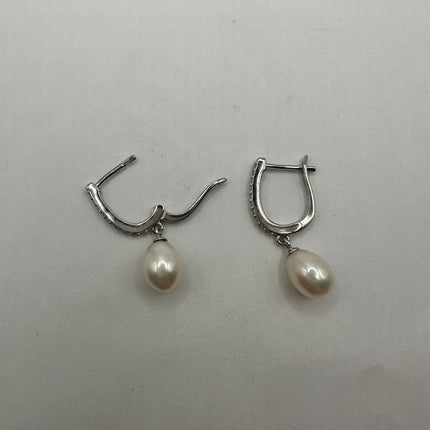Vintage Silver Earrings | Deco White Pearl 925 Sterling Silver Hoop Earrings