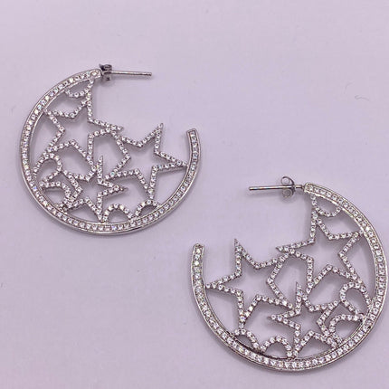 Vintage Silver Earrings | White Sapphire Gemstone Crystal Star Design | 925 Sterling Silver Pave Hoop Earrings | Celestial Look
