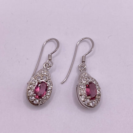Vintage Silver Earrings | Pink Tourmaline White Sapphire Deco Gemstone Dangle Drop | 925 Sterling Silver Earrings