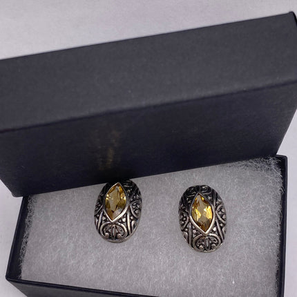 Vintage Silver Earrings | Citrine Gemstone Stud Button | 925 Sterling Silver Earrings