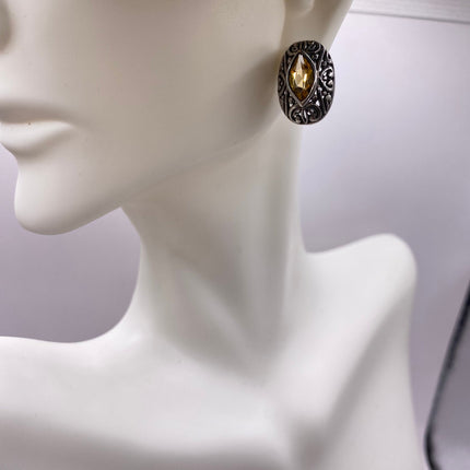 Vintage Silver Earrings | Citrine Gemstone Stud Button | 925 Sterling Silver Earrings