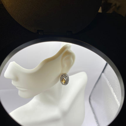 Vintage Silver Earrings | Citrine Gemstone Stud Button | 925 Sterling Silver Earrings