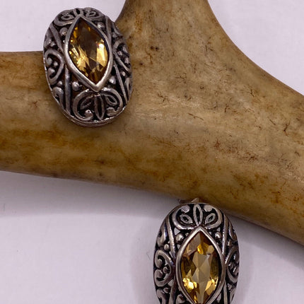 Vintage Silver Earrings | Citrine Gemstone Stud Button | 925 Sterling Silver Earrings
