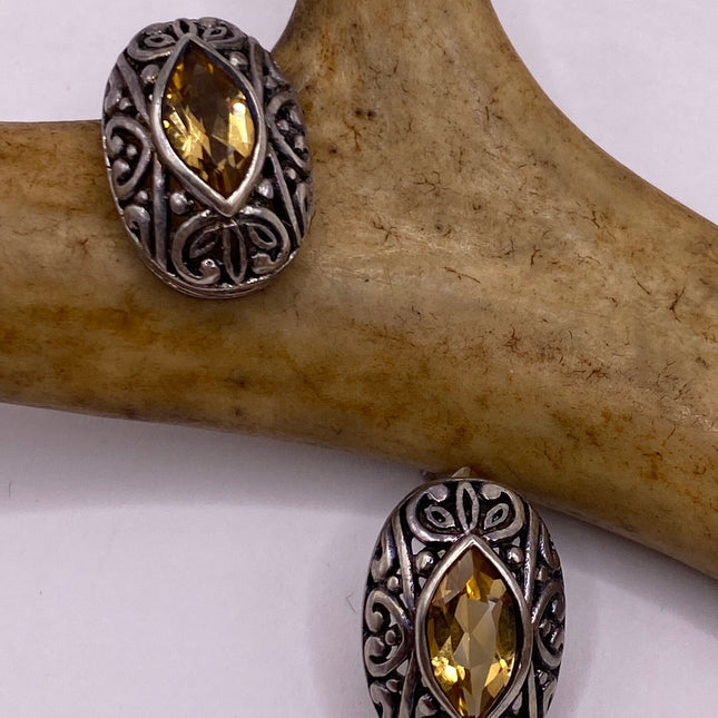 Vintage Silver Earrings | Citrine Gemstone Stud Button | 925 Sterling Silver Earrings