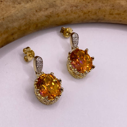 Vintage Gold Earrings | Citrine White Sapphire Deco Gemstone Dangle Drop | Golden 925 Sterling Silver Earrings