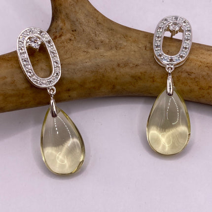 Vintage Silver Earrings | Citrine White Sapphire Deco Gemstone Dangle Drop | 925 Sterling Silver Earrings