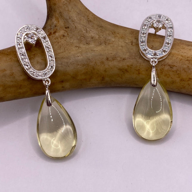 Vintage Silver Earrings | Citrine White Sapphire Deco Gemstone Dangle Drop | 925 Sterling Silver Earrings