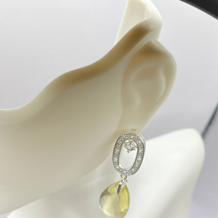 Vintage Silver Earrings | Citrine White Sapphire Deco Gemstone Dangle Drop | 925 Sterling Silver Earrings