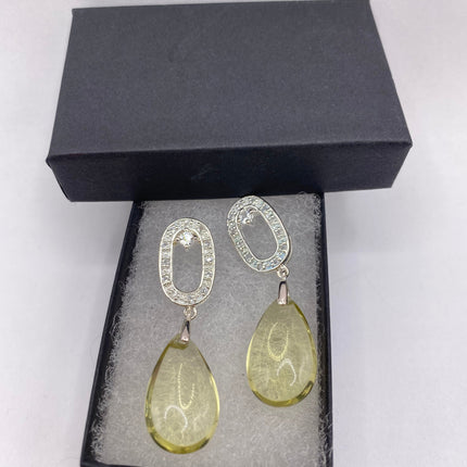 Vintage Silver Earrings | Citrine White Sapphire Deco Gemstone Dangle Drop | 925 Sterling Silver Earrings