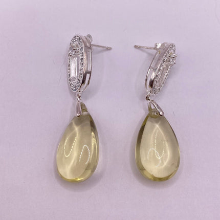 Vintage Silver Earrings | Citrine White Sapphire Deco Gemstone Dangle Drop | 925 Sterling Silver Earrings