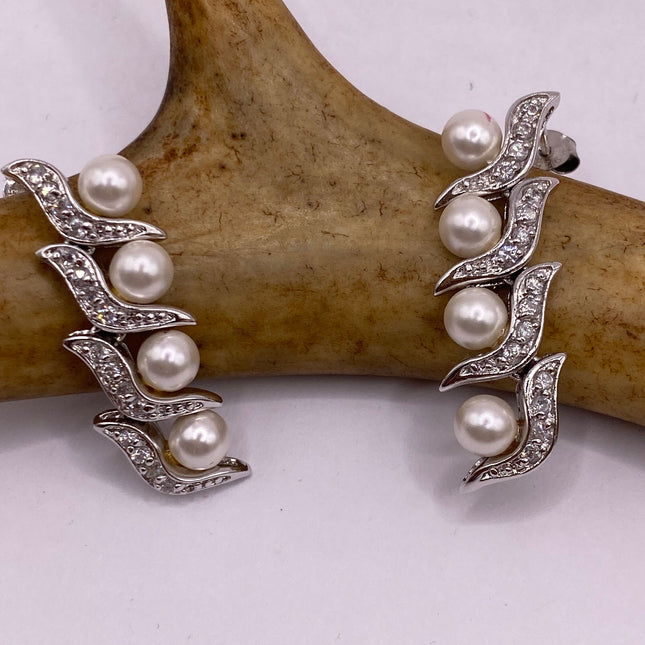 Vintage Silver Earrings | Deco White Pearl 925 Sterling Silver Earrings