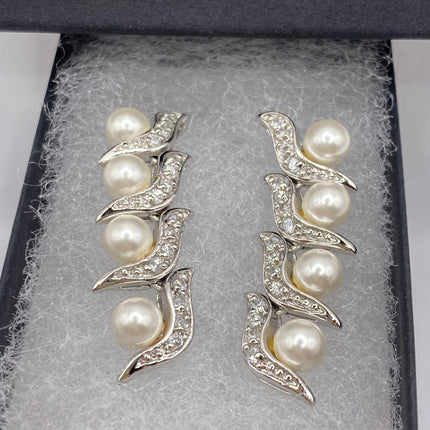 Vintage Silver Earrings | Deco White Pearl 925 Sterling Silver Earrings