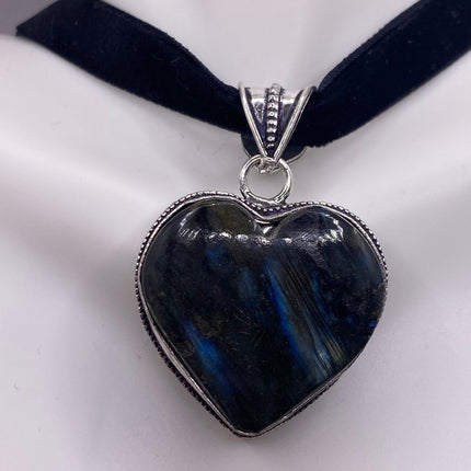 Vintage Labradorite Heart Boho Black Velvet Choker Silver Necklace