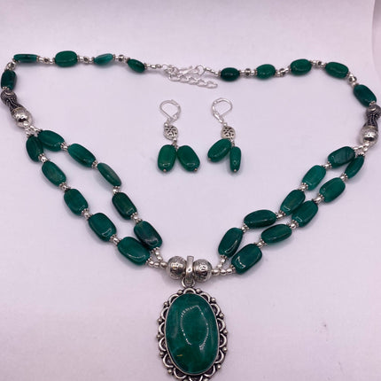 Vintage Green Onyx Beaded Silver Bronze Necklace set