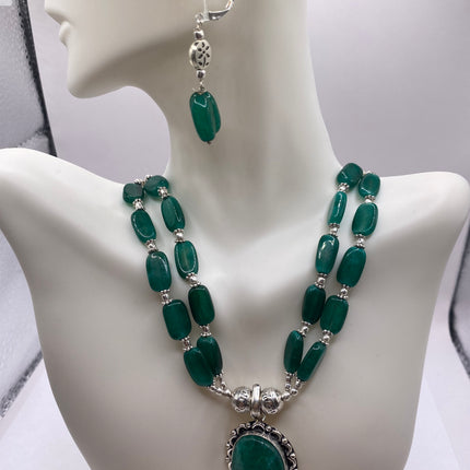 Vintage Green Onyx Beaded Silver Bronze Necklace set
