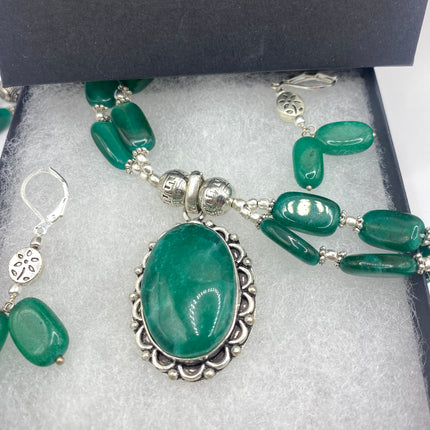 Vintage Green Onyx Beaded Silver Bronze Necklace set