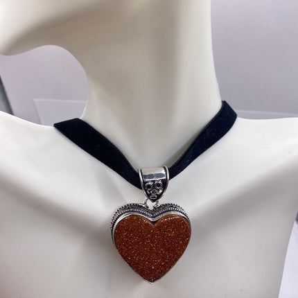 Vintage Gold Sandstone Heart Boho Black Velvet Choker Silver Necklace
