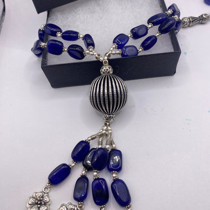 Vintage Beaded Necklace | Blue Onyx Gemstone Beads | Silver Bronze Casting Boho Unique Necklace | Something Blue