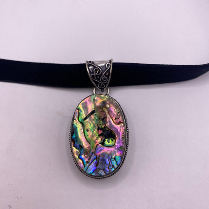 Vintage Pendant | Large Rainbow Abalone Haliotis Iris Shell | Silver Finished Bronze Velvet Choker Necklace | Unique Colorful Statement