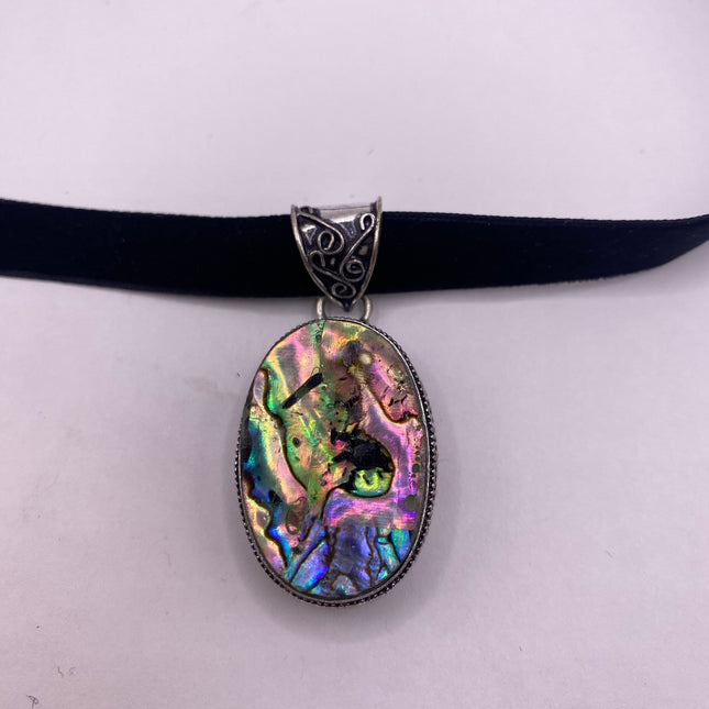 Vintage Pendant | Large Rainbow Abalone Haliotis Iris Shell | Silver Finished Bronze Velvet Choker Necklace | Unique Colorful Statement