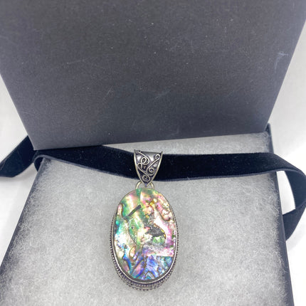 Vintage Pendant | Large Rainbow Abalone Haliotis Iris Shell | Silver Finished Bronze Velvet Choker Necklace | Unique Colorful Statement
