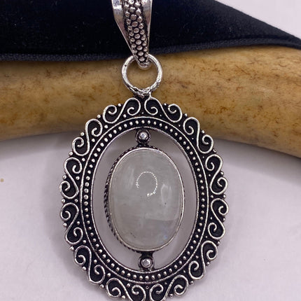 Vintage Silver White Bronze Rainbow Moonstone Black Velvet Choker Necklace
