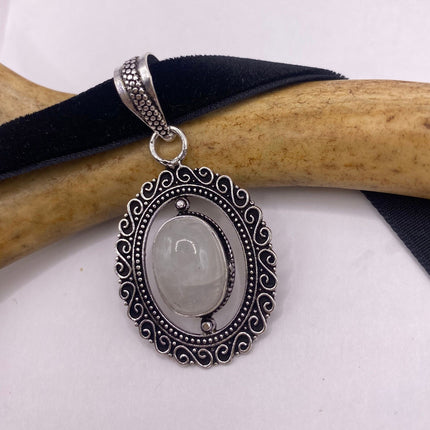 Vintage Silver White Bronze Rainbow Moonstone Black Velvet Choker Necklace