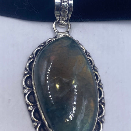 Vintage Labradorite Velvet Choker Silver Necklace - antique design