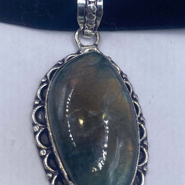 Vintage Labradorite Velvet Choker Silver Necklace - antique design