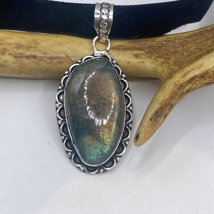 Vintage Labradorite Velvet Choker Silver Necklace - antique design
