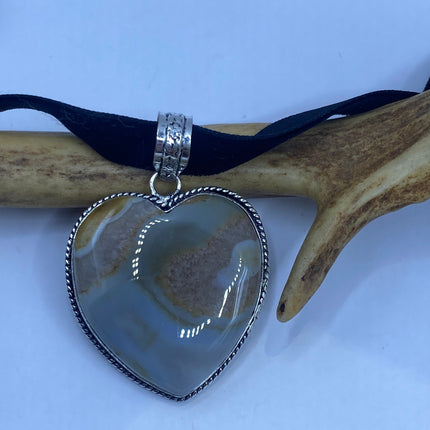 Vintage Choker Boho Agate Heart Silver Necklace