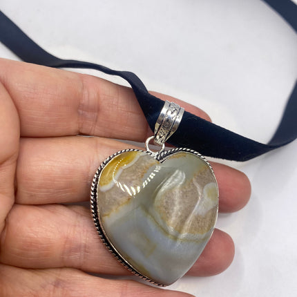 Vintage Choker Boho Agate Heart Silver Necklace