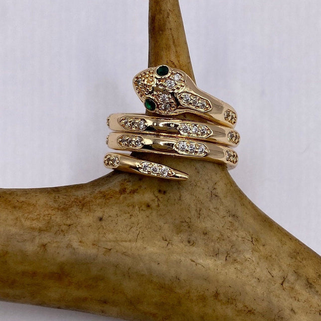 Vintage Gold Snake Ring | Cubic Zirconia Crystal Diamond Gemstones 9k Gold Filled Band | Unique Gift Serpent Statement Cocktail Ring